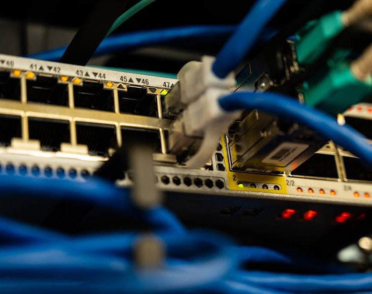 כבלי Ethernet מחוברים למתג רשת בהמחשה ל־AWS Transit Gateway ו־1:1 NAT