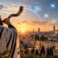 תקיעה בשופר מול ירושלים בשקיעה, בשילוב סמלי תקשורת דיגיטלית ובינה מלאכותית