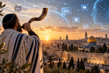תקיעה בשופר מול ירושלים בשקיעה, בשילוב סמלי תקשורת דיגיטלית ובינה מלאכותית