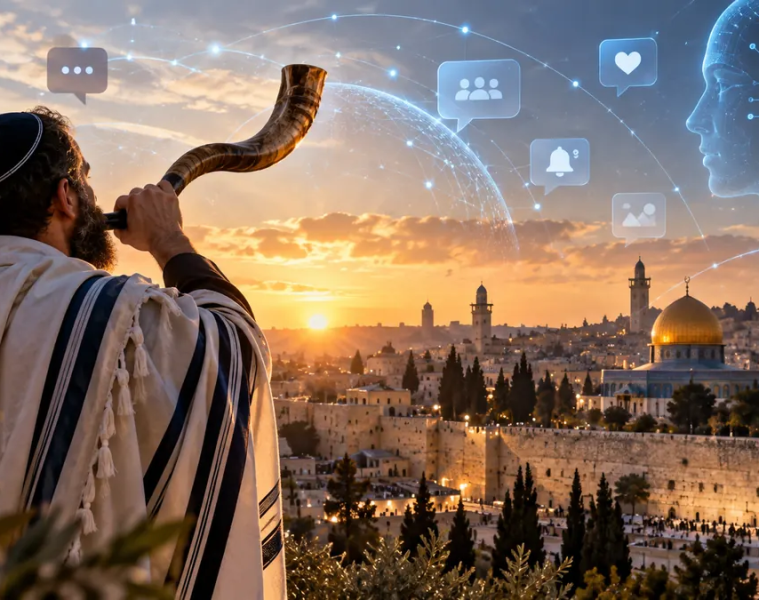 תקיעה בשופר מול ירושלים בשקיעה, בשילוב סמלי תקשורת דיגיטלית ובינה מלאכותית