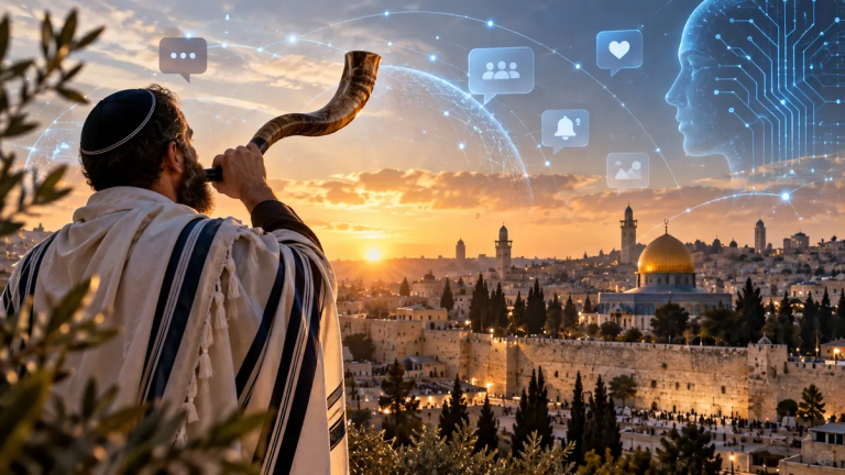 תקיעה בשופר מול ירושלים בשקיעה, בשילוב סמלי תקשורת דיגיטלית ובינה מלאכותית